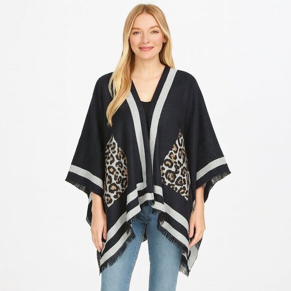 2/$30 NEW Boho Cheetah Ruana Oversized Open Wrap Poncho Blanket Scarf - Picture 1 of 14